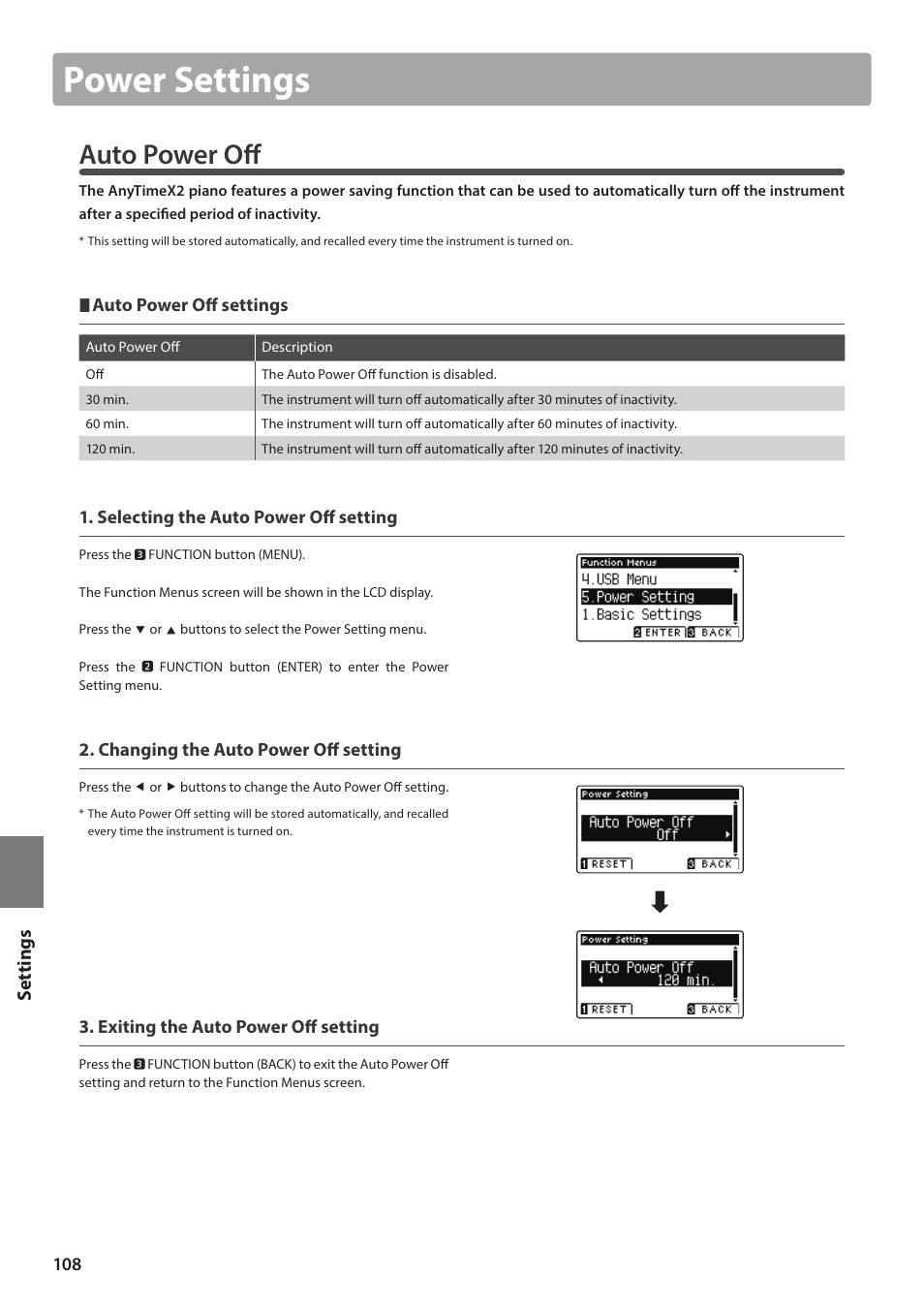 Power settings, Auto power off, Set tings | Kawai ATX2/ATX2-f User Manual | Page 108 / 120