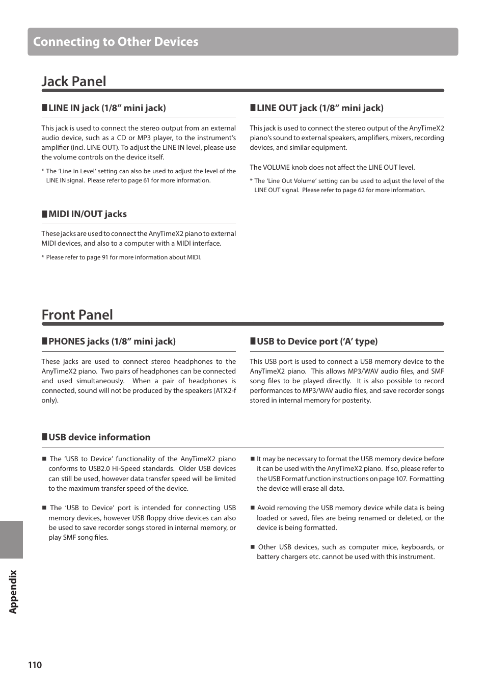 Jack panel, Front panel, Connecting to other devices | Kawai ATX2/ATX2-f User Manual | Page 110 / 120