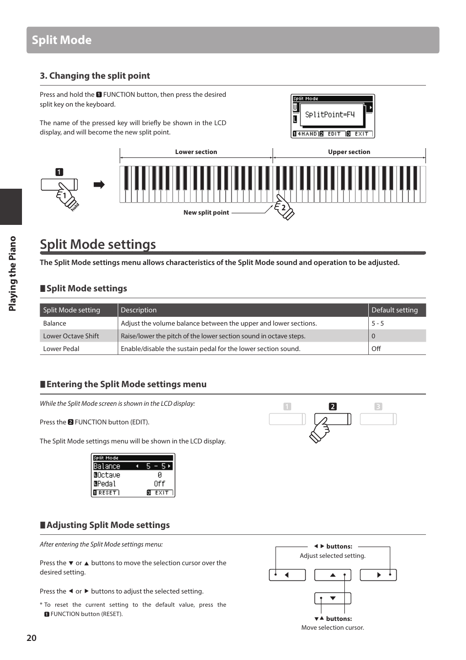 Split mode settings, Split mode, Changing the split point | Entering the split mode settings menu, Adjusting split mode settings | Kawai ATX2/ATX2-f User Manual | Page 20 / 120