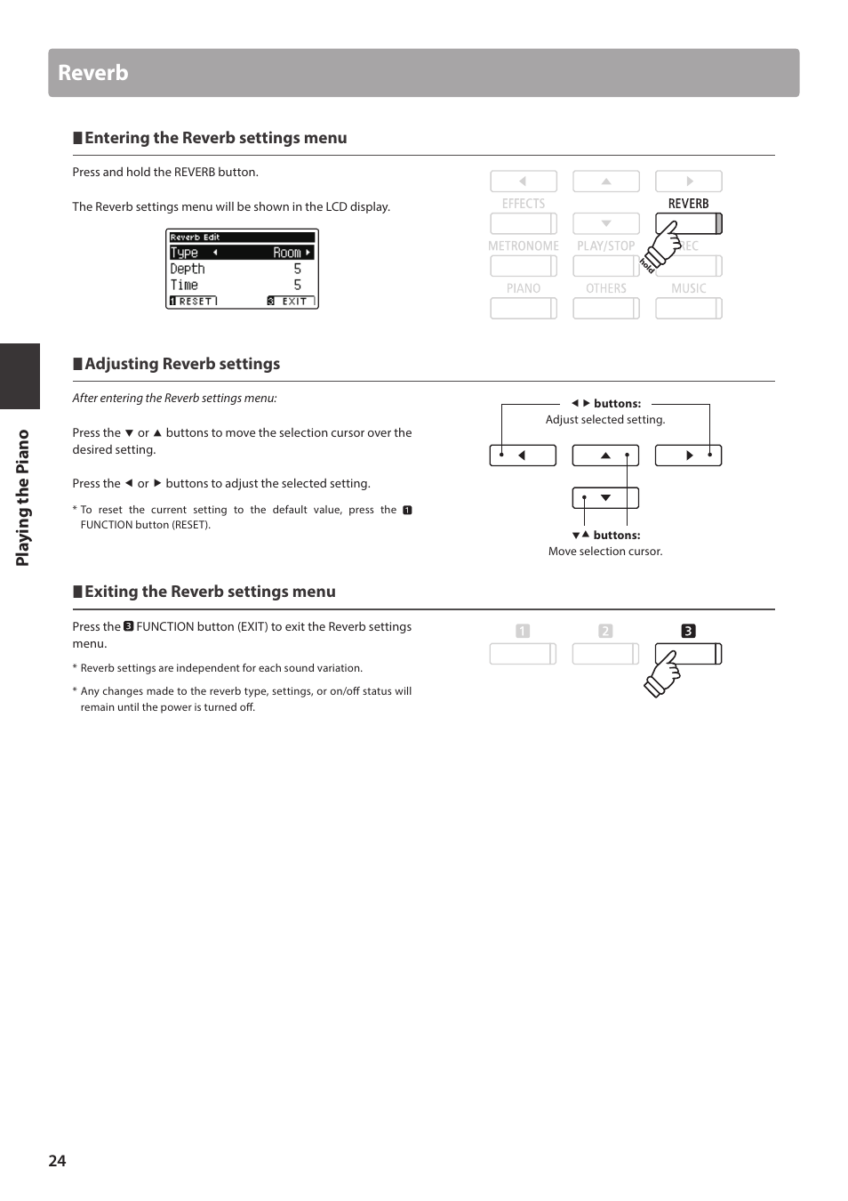 Reverb, Entering the reverb settings menu, Adjusting reverb settings | Exiting the reverb settings menu | Kawai ATX2/ATX2-f User Manual | Page 24 / 120