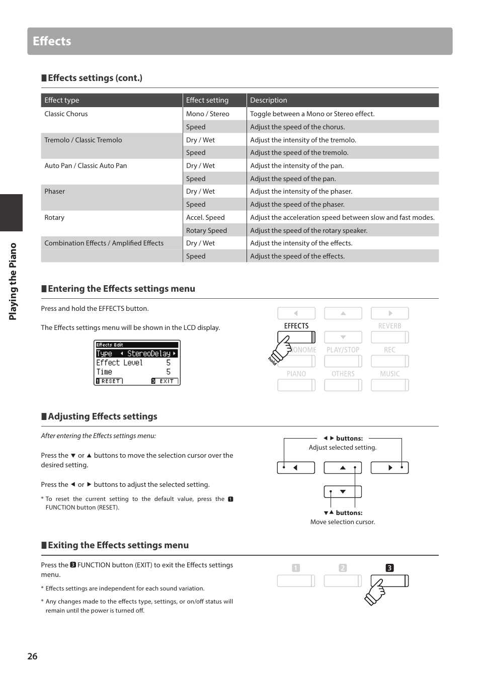 Eff ects, Eff ects settings (cont.), Entering the eff ects settings menu | Adjusting eff ects settings, Exiting the eff ects settings menu | Kawai ATX2/ATX2-f User Manual | Page 26 / 120