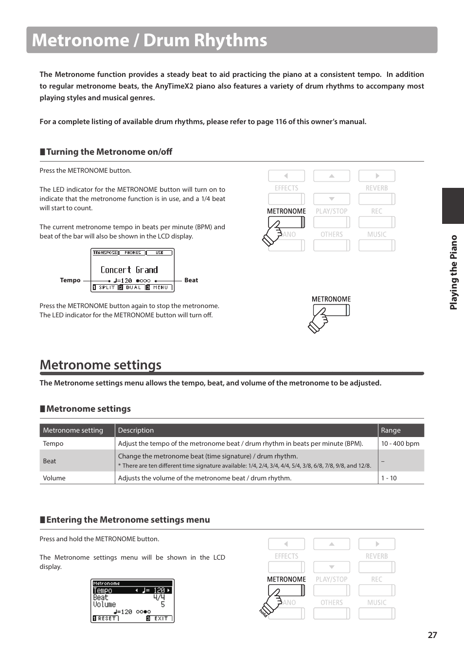 Metronome / drum rhythms, Metronome settings | Kawai ATX2/ATX2-f User Manual | Page 27 / 120