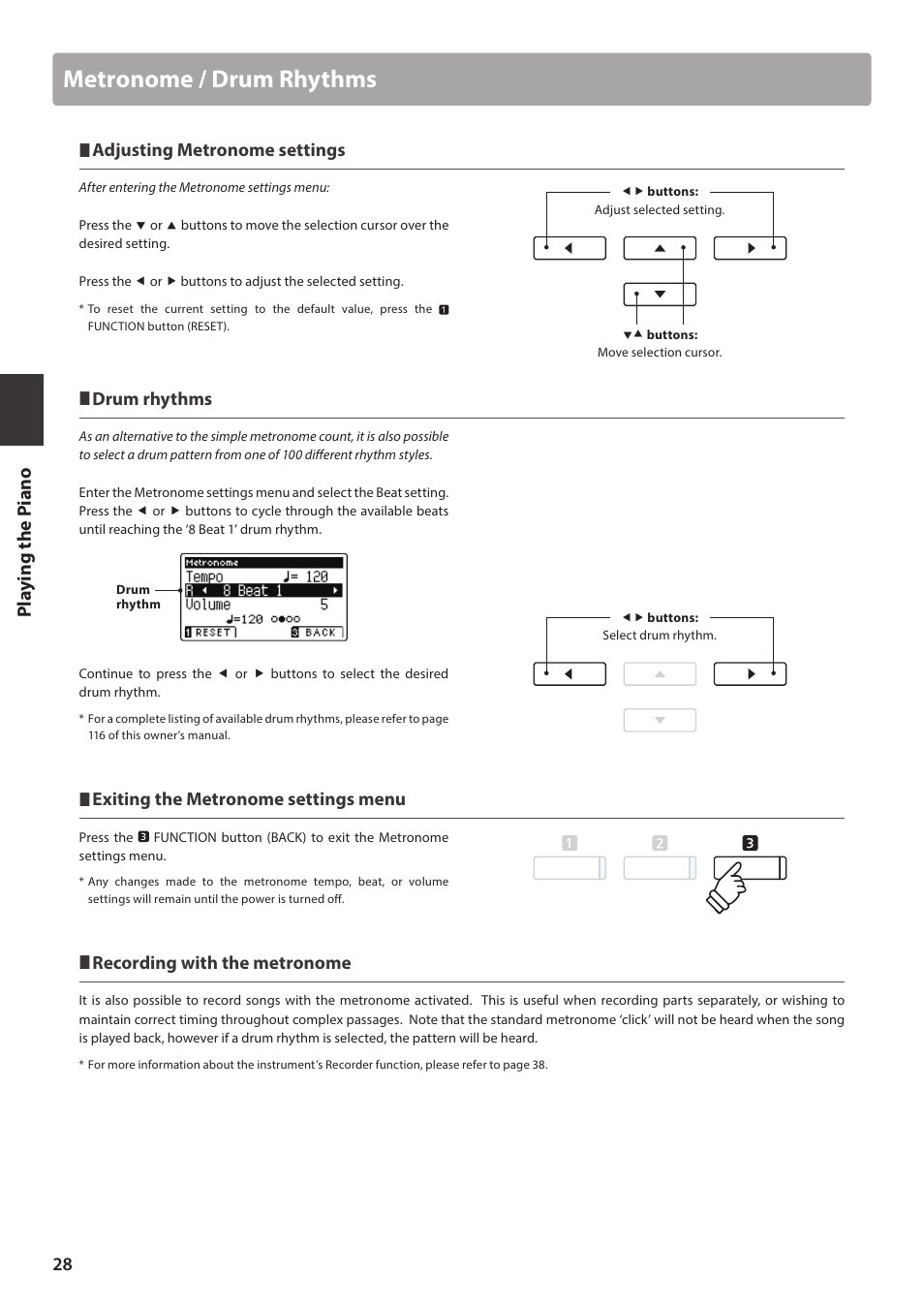 Metronome / drum rhythms, Adjusting metronome settings, Drum rhythms | Exiting the metronome settings menu, Recording with the metronome | Kawai ATX2/ATX2-f User Manual | Page 28 / 120