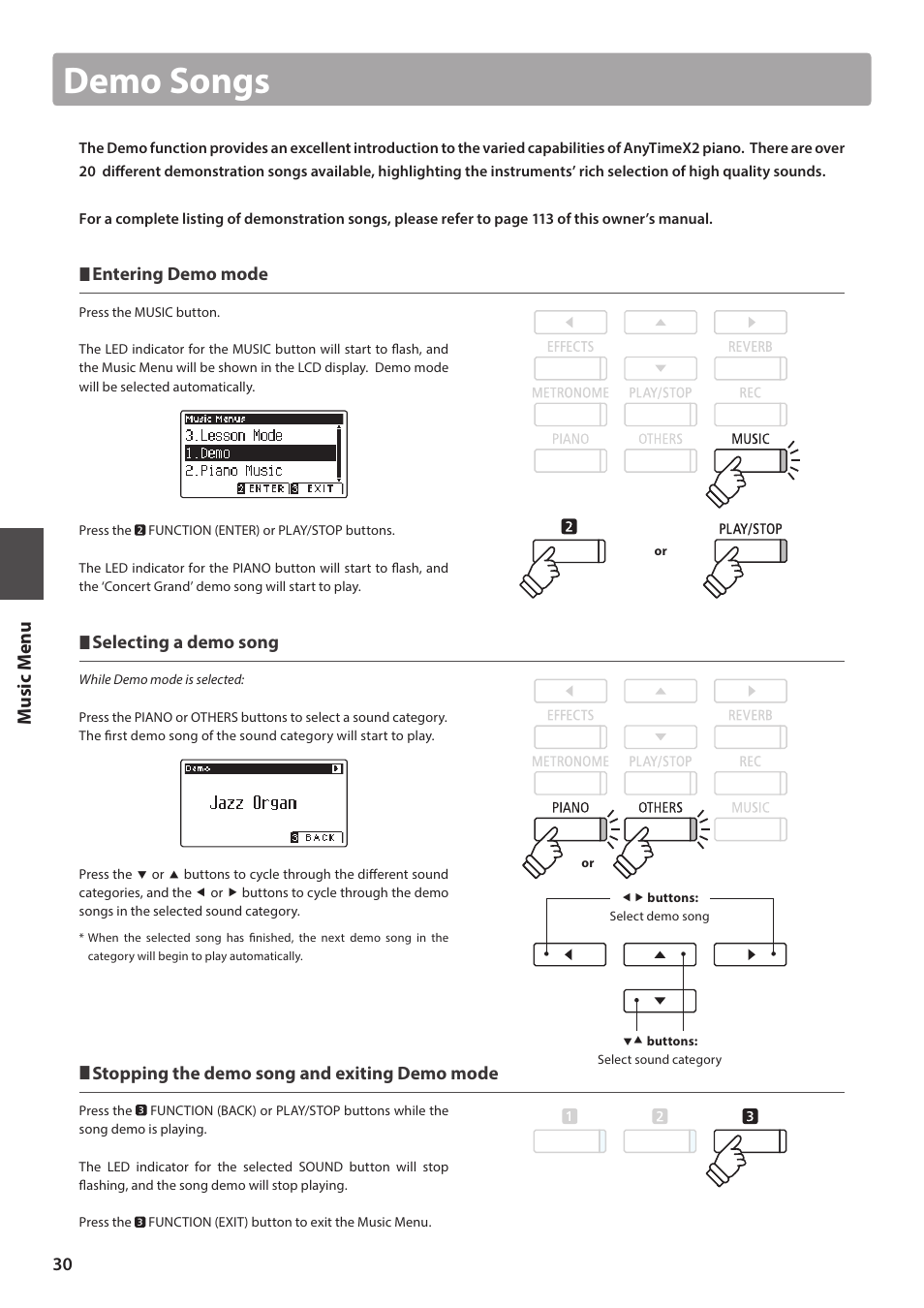 Demo songs, Music men u, Entering demo mode | Selecting a demo song, Stopping the demo song and exiting demo mode | Kawai ATX2/ATX2-f User Manual | Page 30 / 120