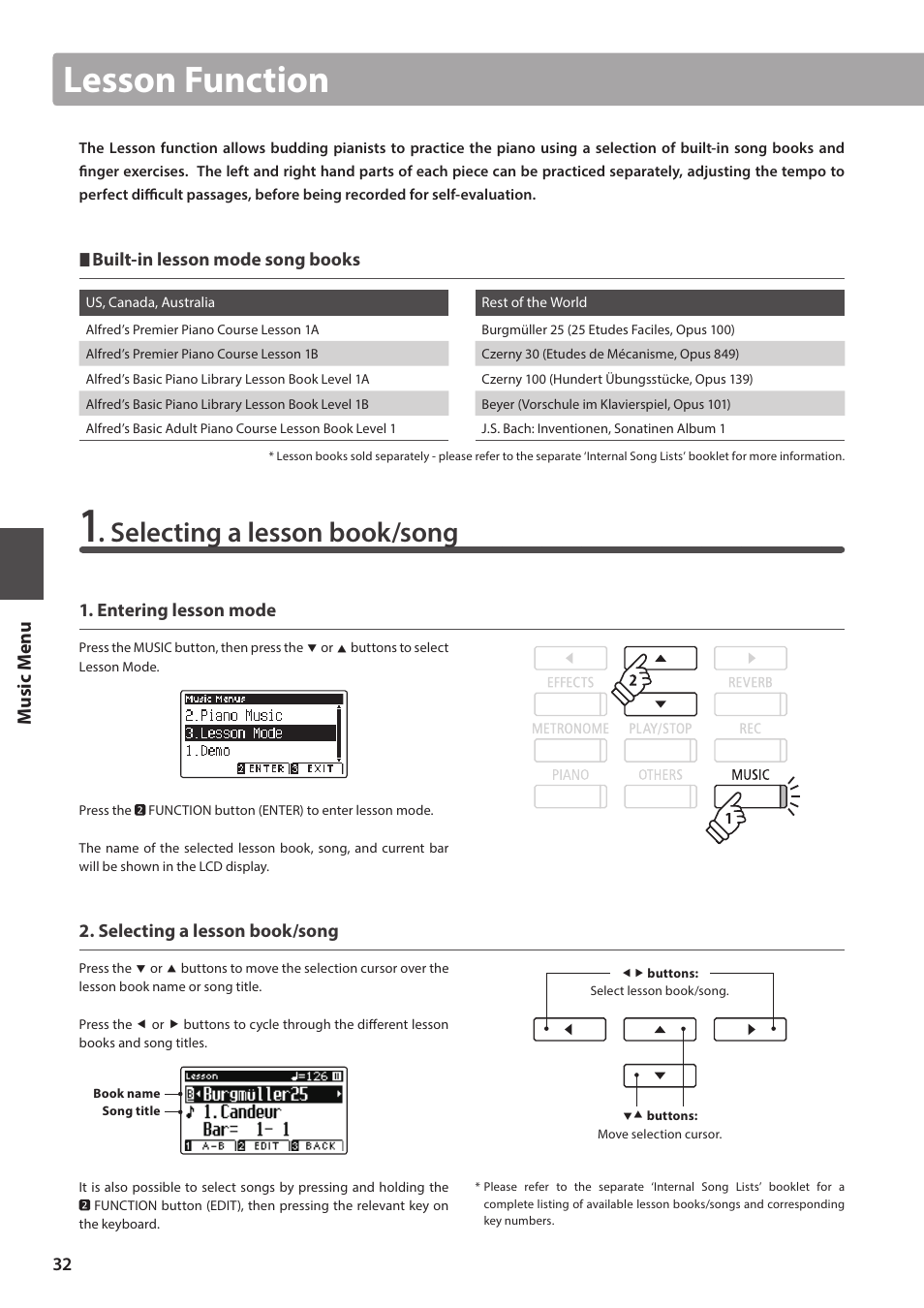 Lesson function, Selecting a lesson book/song, Music men u | Kawai ATX2/ATX2-f User Manual | Page 32 / 120