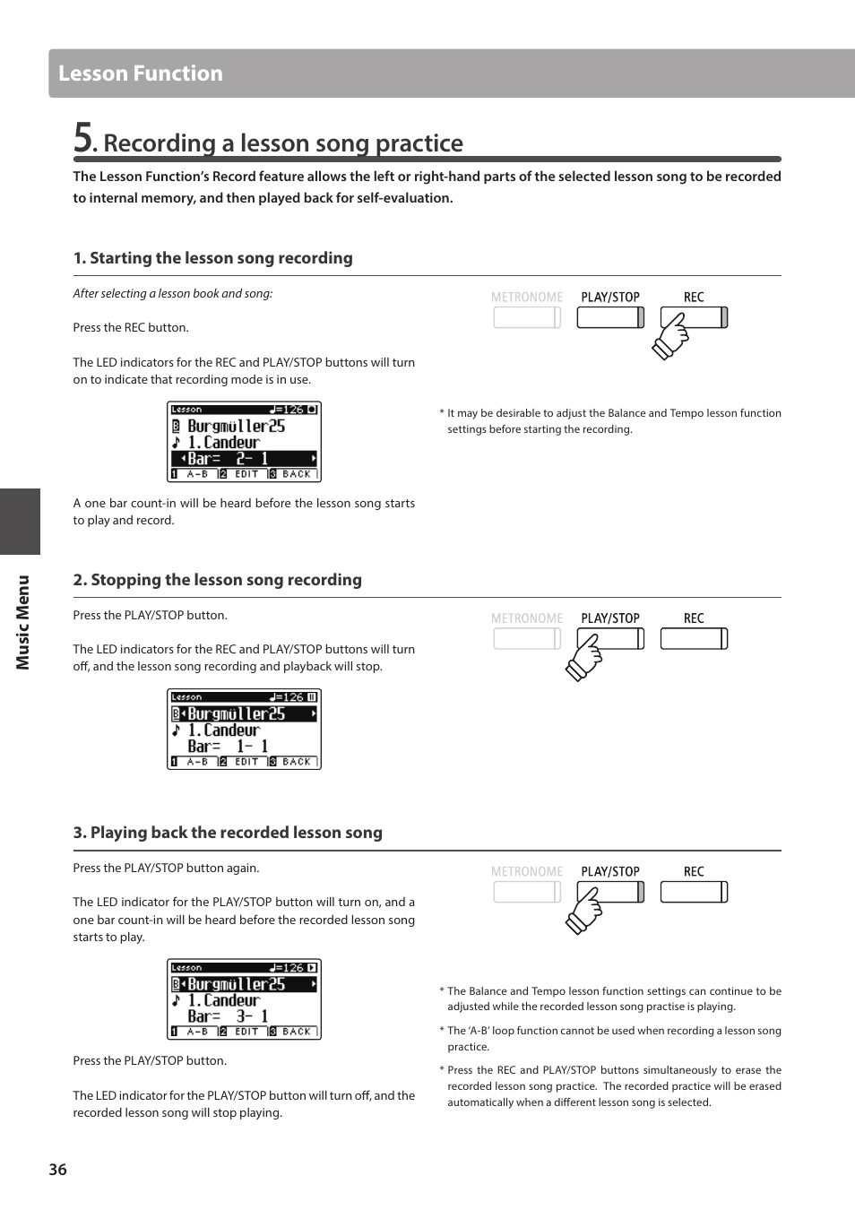 Recording a lesson song practice, Lesson function, Music men u | Kawai ATX2/ATX2-f User Manual | Page 36 / 120