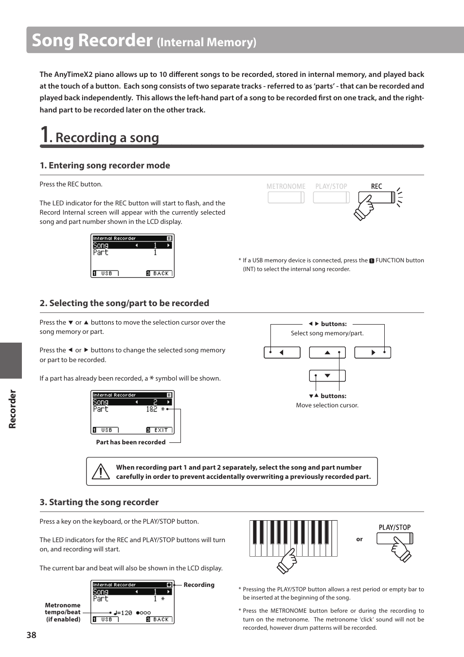 Song recorder, Recording a song, Re corde r | Kawai ATX2/ATX2-f User Manual | Page 38 / 120