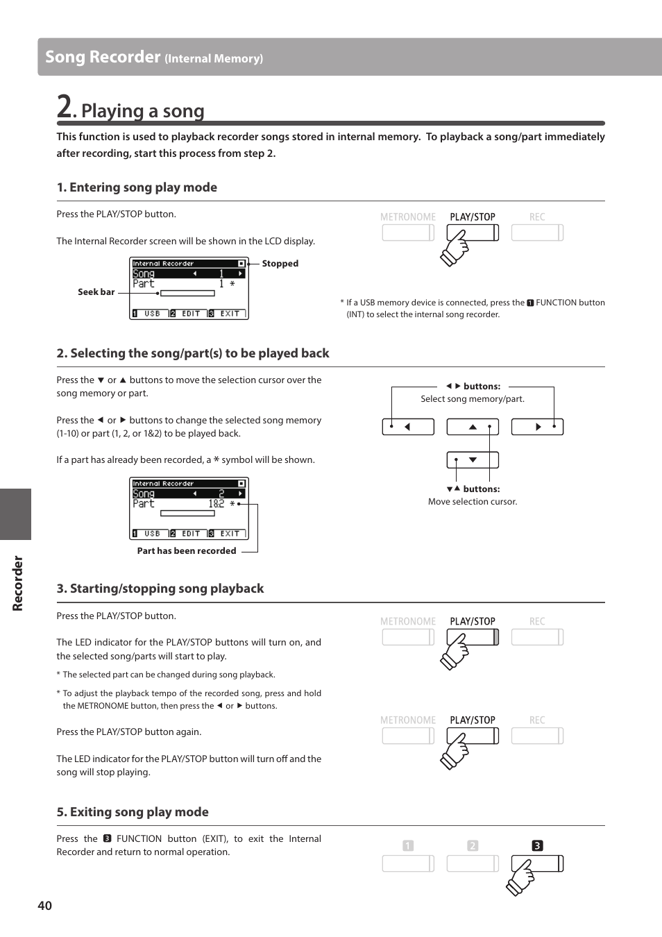 Playing a song, Song recorder, Re corde r | Kawai ATX2/ATX2-f User Manual | Page 40 / 120