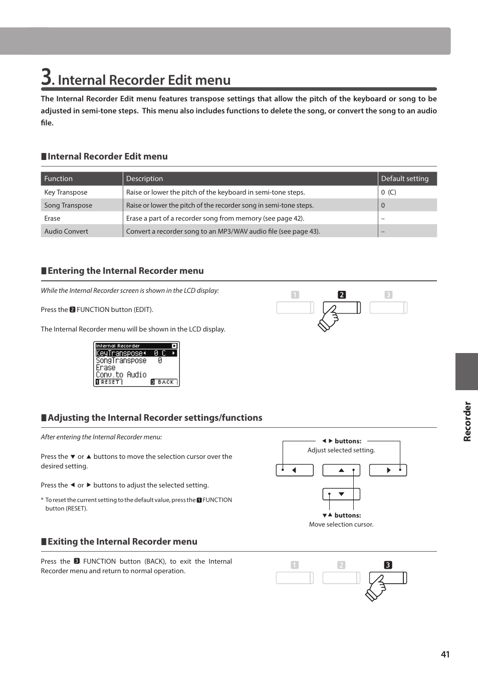 Internal recorder edit menu, Re corde r | Kawai ATX2/ATX2-f User Manual | Page 41 / 120