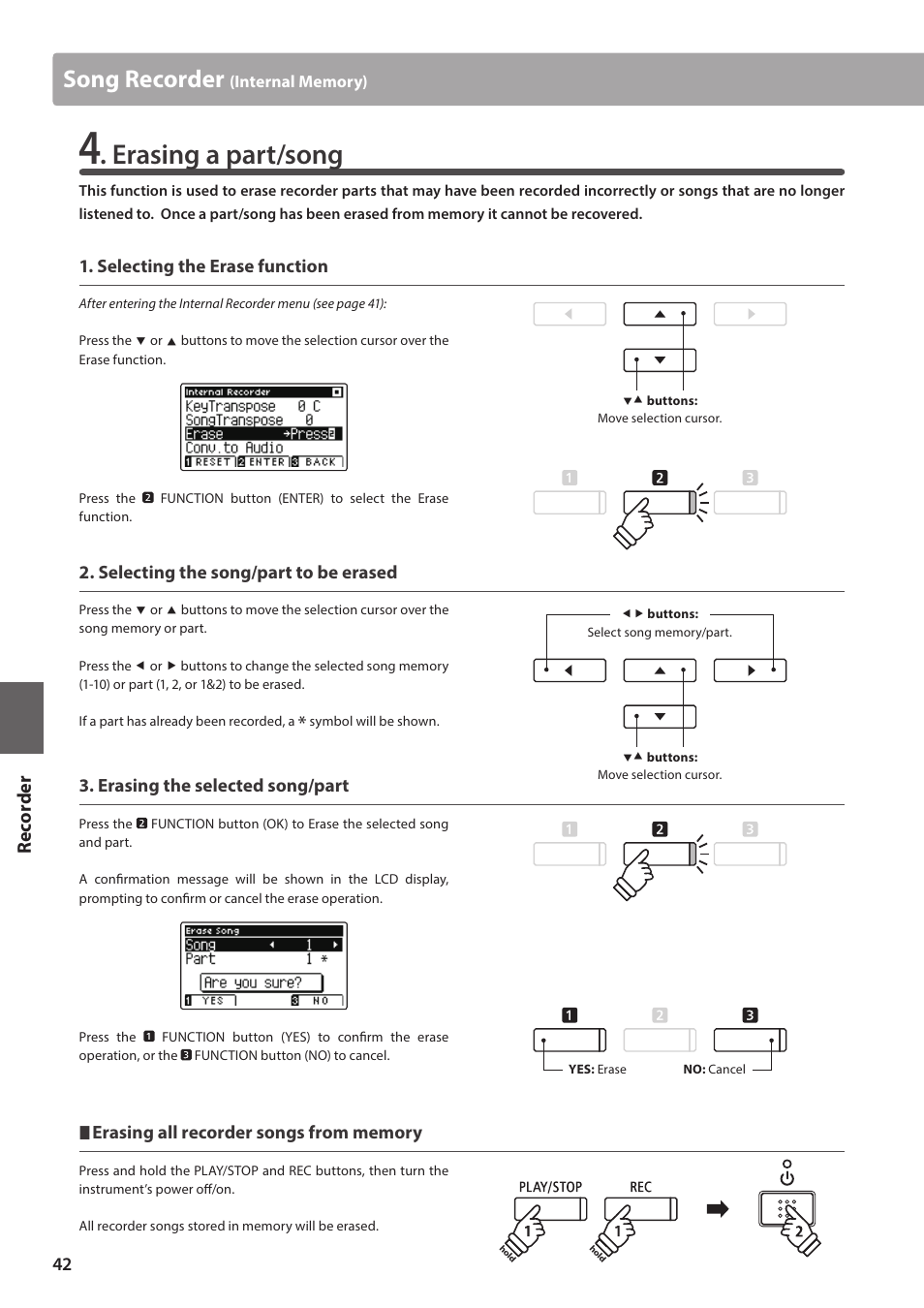 Erasing a part/song, Song recorder, Re corde r | Selecting the erase function, Selecting the song/part to be erased, Erasing the selected song/part | Kawai ATX2/ATX2-f User Manual | Page 42 / 120