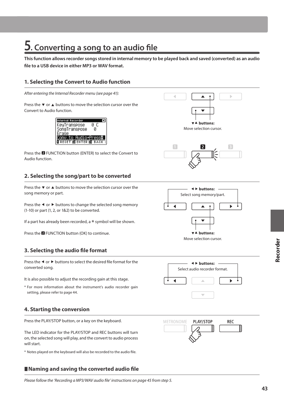 Converting a song to an audio fi le, Re corde r | Kawai ATX2/ATX2-f User Manual | Page 43 / 120