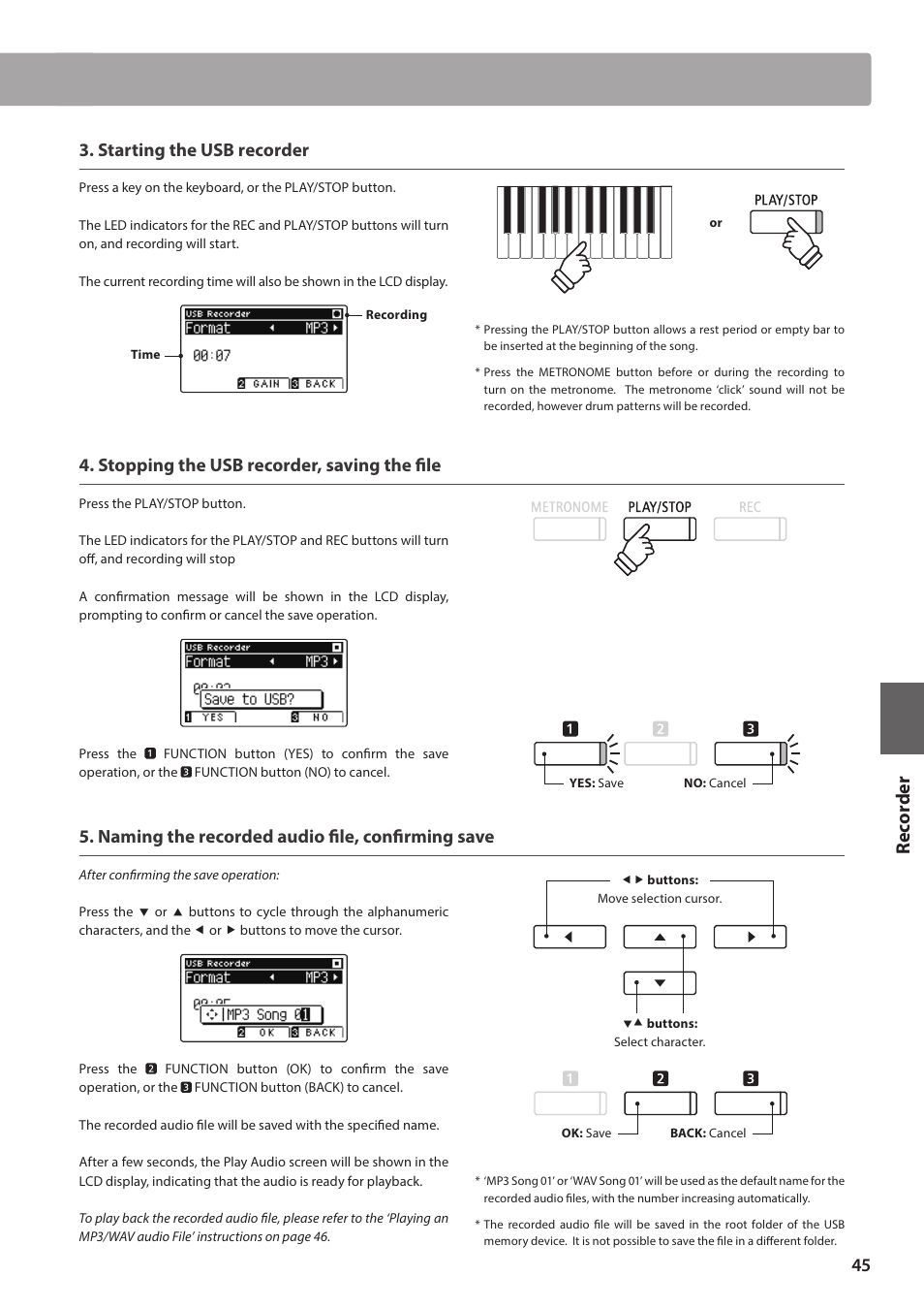 Re corde r, Starting the usb recorder, Stopping the usb recorder, saving the fi le | Naming the recorded audio fi le, confi rming save | Kawai ATX2/ATX2-f User Manual | Page 45 / 120