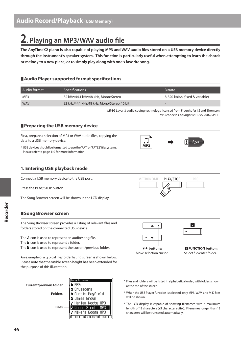 Playing an mp3/wav audio fi le, Audio record/playback, Re corde r | Audio player supported format specifi cations, Entering usb playback mode, Song browser screen | Kawai ATX2/ATX2-f User Manual | Page 46 / 120