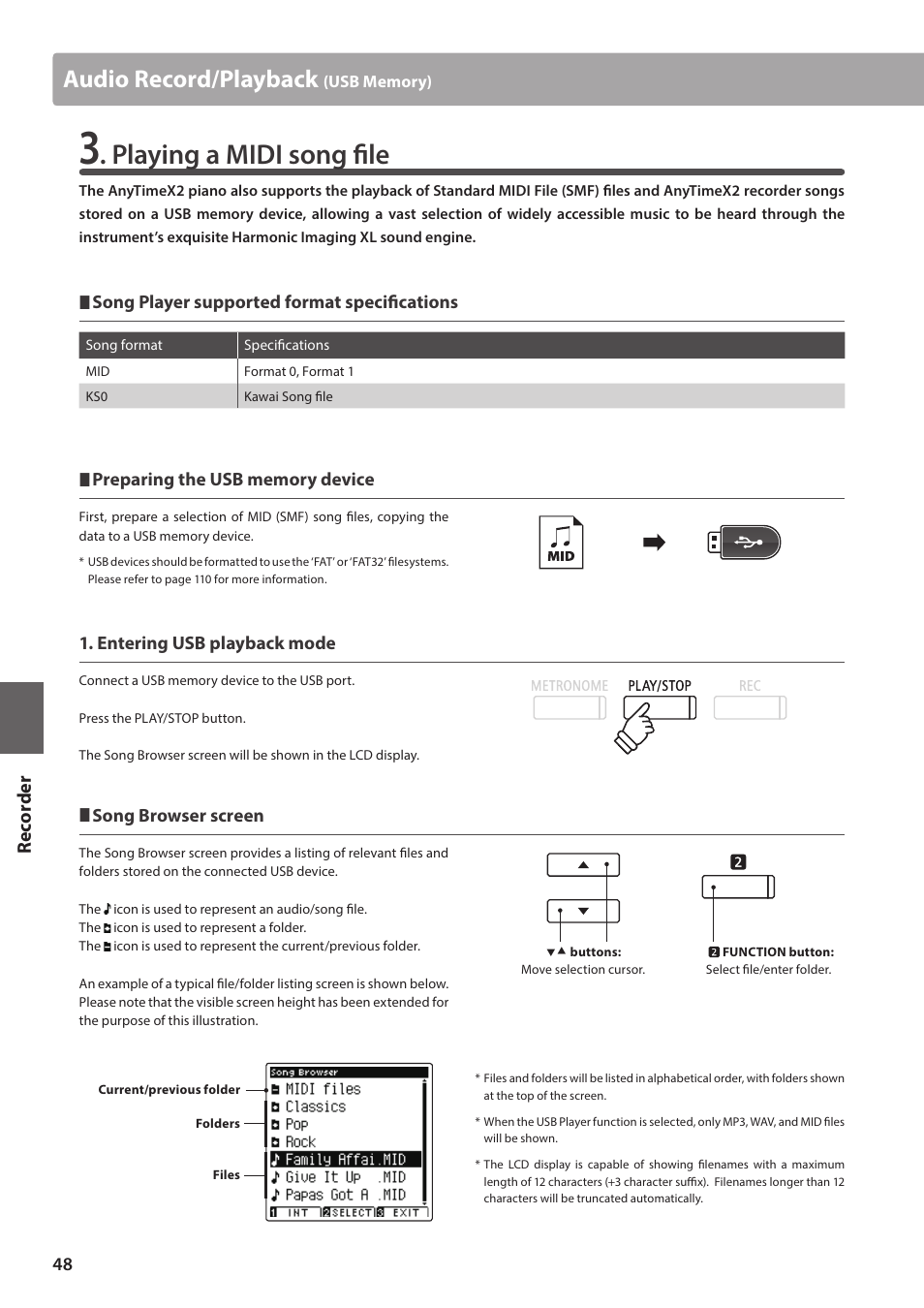 Playing a midi song fi le, Audio record/playback, Re corde r | Kawai ATX2/ATX2-f User Manual | Page 48 / 120