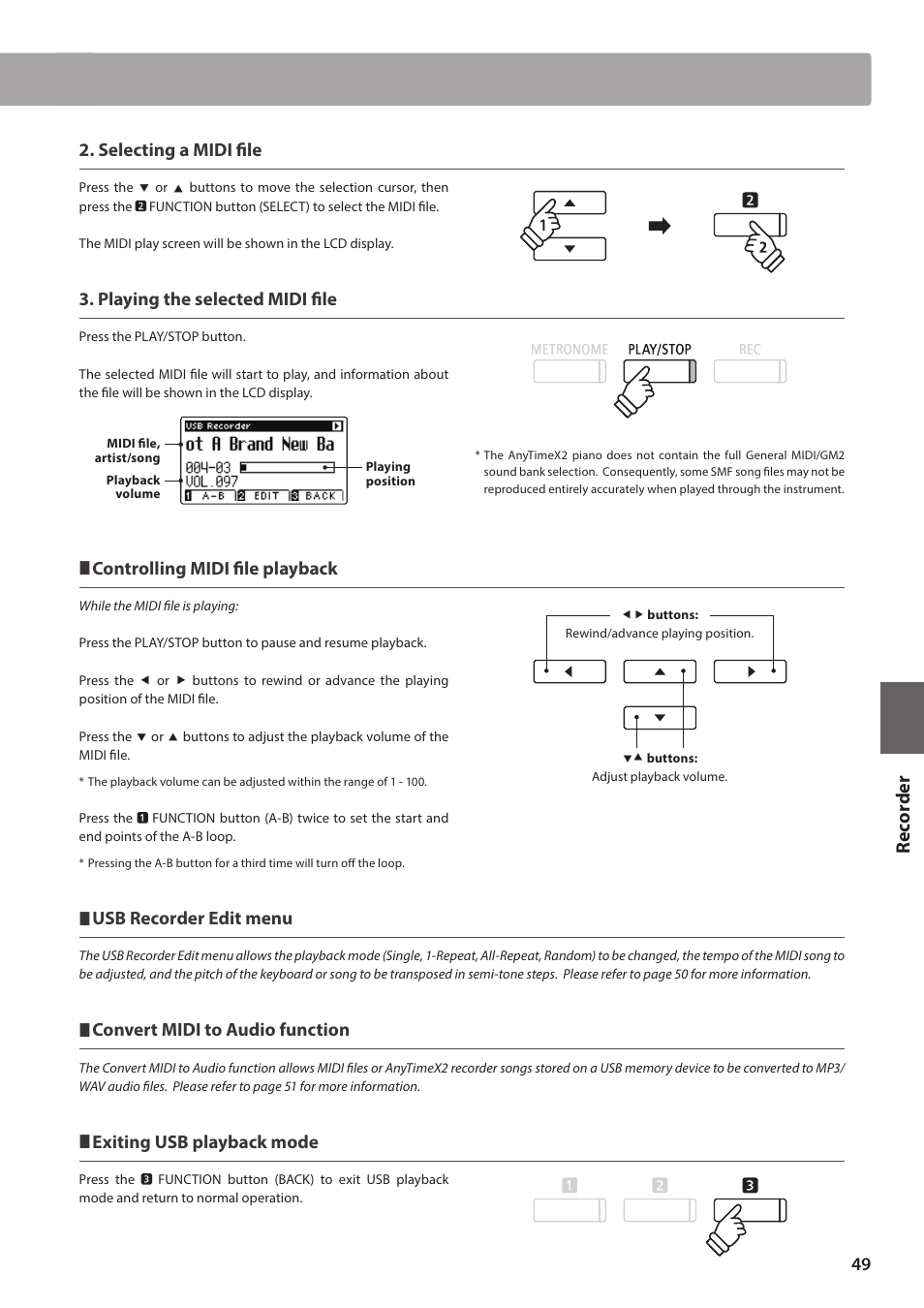 Re corde r, Selecting a midi fi le, Playing the selected midi fi le | Controlling midi fi le playback, Usb recorder edit menu, Convert midi to audio function, Exiting usb playback mode | Kawai ATX2/ATX2-f User Manual | Page 49 / 120