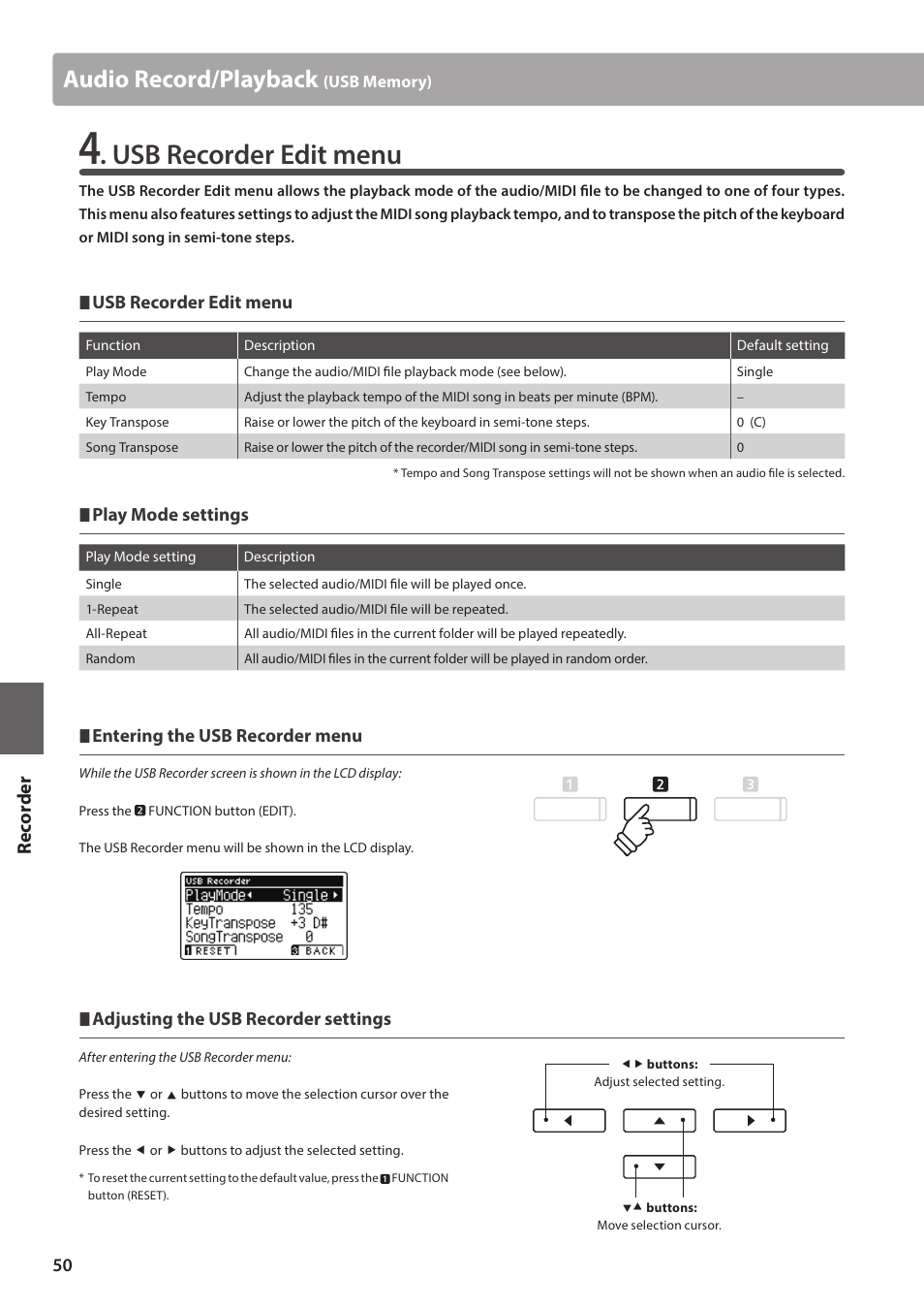 Usb recorder edit menu, Audio record/playback, Re corde r | Kawai ATX2/ATX2-f User Manual | Page 50 / 120