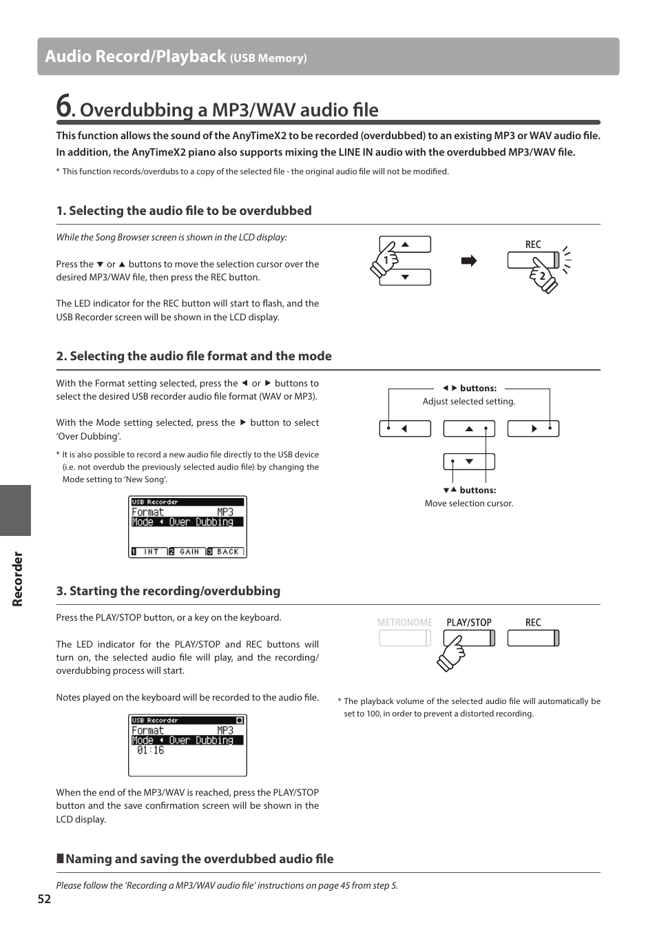 Overdubbing a mp3/wav audio fi le, Audio record/playback, Re corde r | Kawai ATX2/ATX2-f User Manual | Page 52 / 120