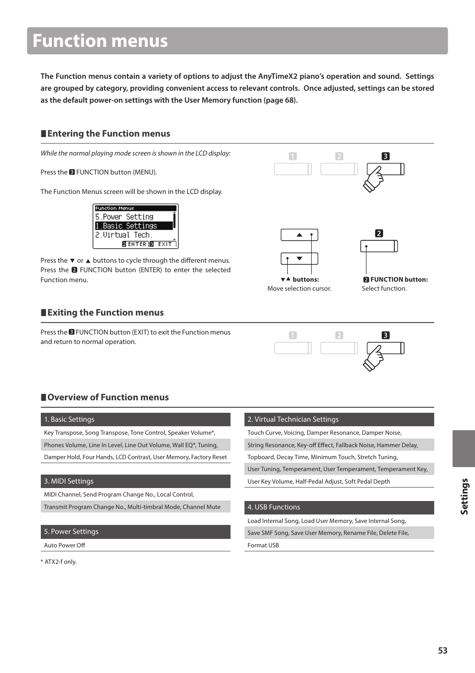 Function menus, Set tings, Entering the function menus | Exiting the function menus, Overview of function menus | Kawai ATX2/ATX2-f User Manual | Page 53 / 120