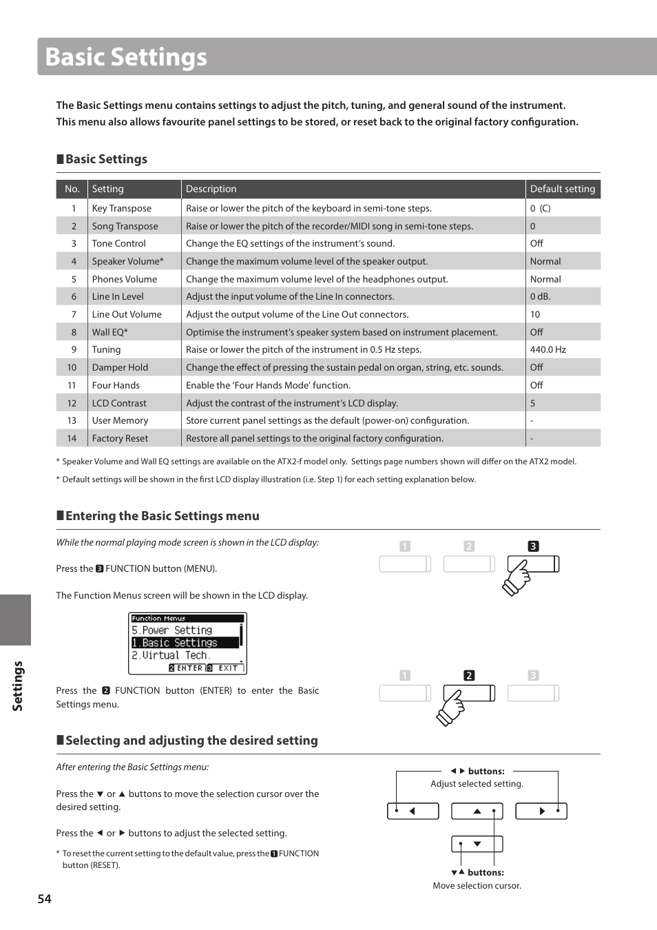 Basic settings, Set tings, Entering the basic settings menu | Selecting and adjusting the desired setting | Kawai ATX2/ATX2-f User Manual | Page 54 / 120