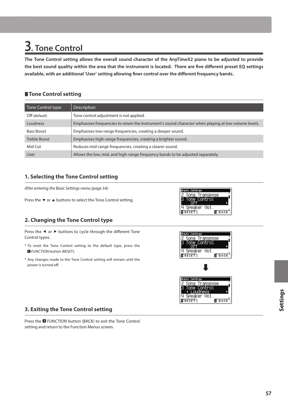 Tone control, Set tings | Kawai ATX2/ATX2-f User Manual | Page 57 / 120