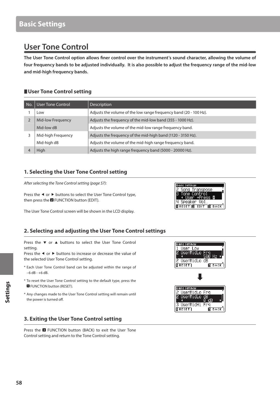 User tone control, Basic settings, Set tings | User tone control setting, Selecting the user tone control setting, Exiting the user tone control setting | Kawai ATX2/ATX2-f User Manual | Page 58 / 120