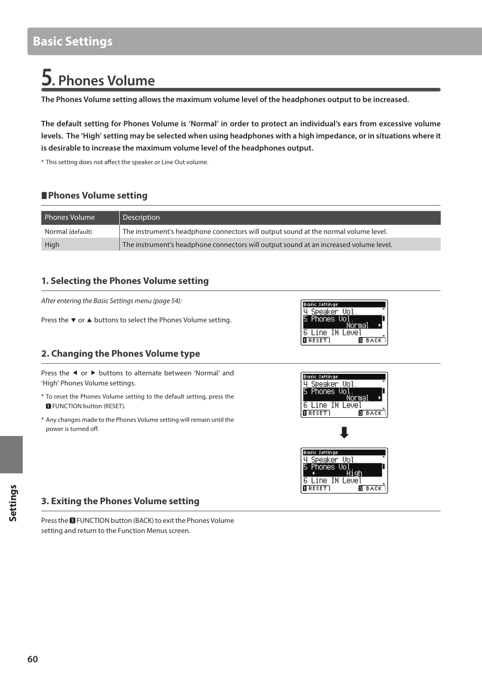 Phones volume, Basic settings | Kawai ATX2/ATX2-f User Manual | Page 60 / 120