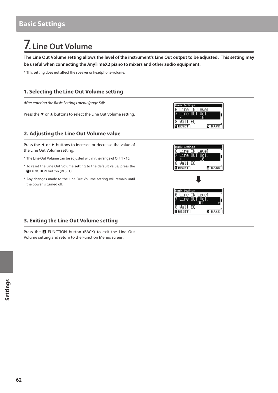 Line out volume, Basic settings | Kawai ATX2/ATX2-f User Manual | Page 62 / 120