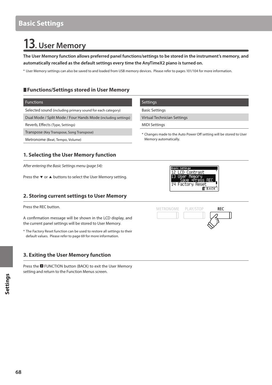 Basic settings, Set tings | Kawai ATX2/ATX2-f User Manual | Page 68 / 120