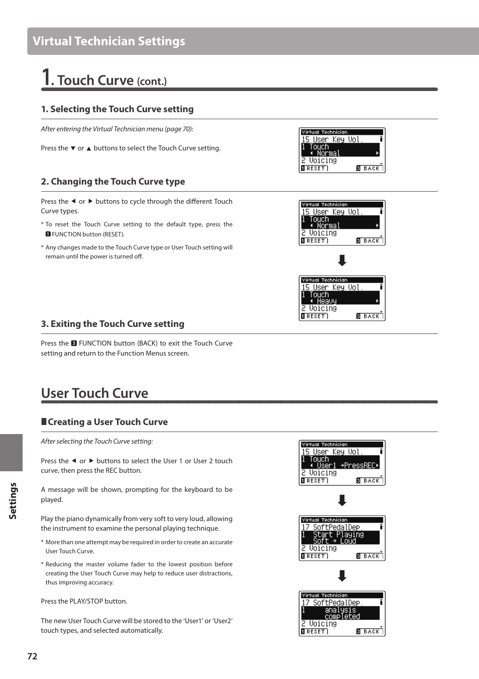 Touch curve, User touch curve, Virtual technician settings | Cont.) | Kawai ATX2/ATX2-f User Manual | Page 72 / 120