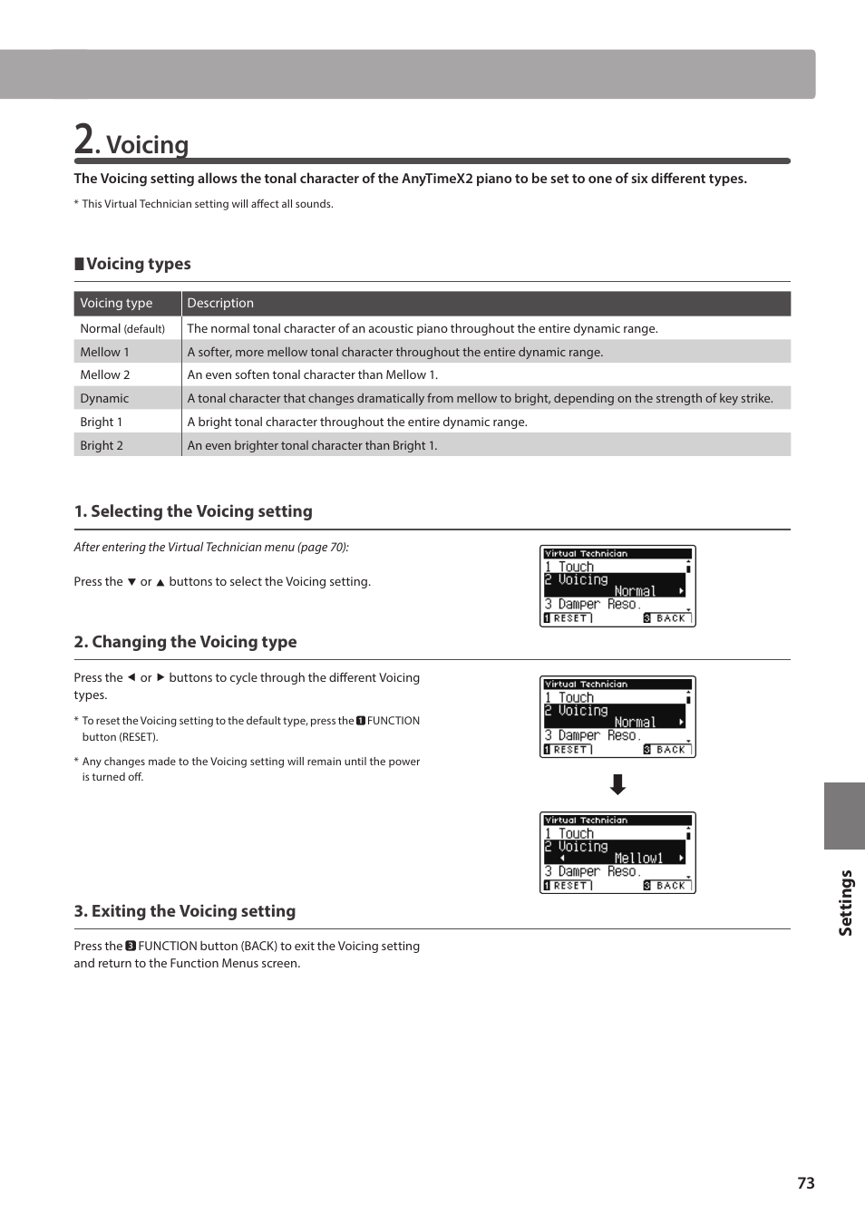 Voicing, Set tings | Kawai ATX2/ATX2-f User Manual | Page 73 / 120