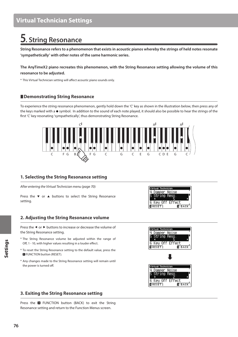 String resonance, Virtual technician settings, Set tings | Demonstrating string resonance, Selecting the string resonance setting, Adjusting the string resonance volume, Exiting the string resonance setting | Kawai ATX2/ATX2-f User Manual | Page 76 / 120