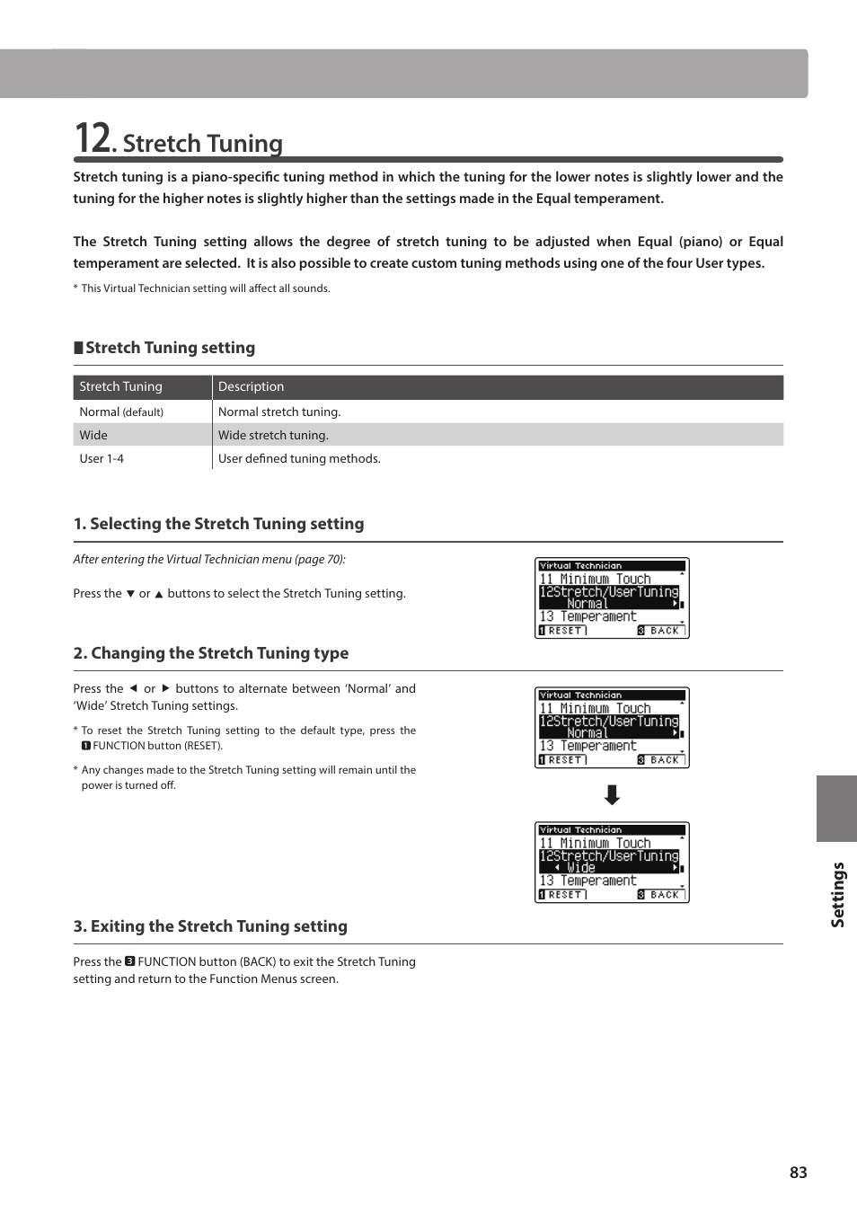 Stretch tuning, Set tings | Kawai ATX2/ATX2-f User Manual | Page 83 / 120