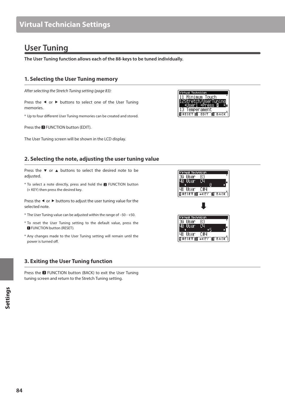 User tuning, Virtual technician settings, Set tings | Exiting the user tuning function | Kawai ATX2/ATX2-f User Manual | Page 84 / 120