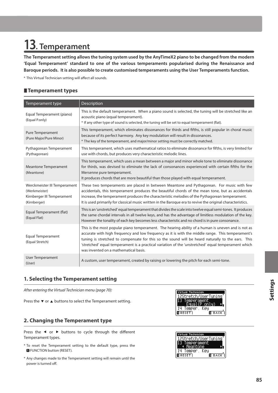 Temperament, Set tings, Temperament types | Selecting the temperament setting, Changing the temperament type | Kawai ATX2/ATX2-f User Manual | Page 85 / 120