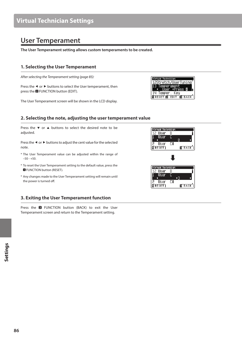 User temperament, Virtual technician settings, Set tings | Kawai ATX2/ATX2-f User Manual | Page 86 / 120