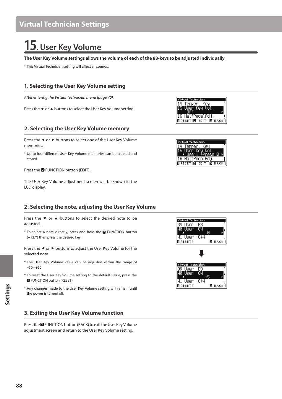 User key volume, Virtual technician settings, Set tings | Kawai ATX2/ATX2-f User Manual | Page 88 / 120