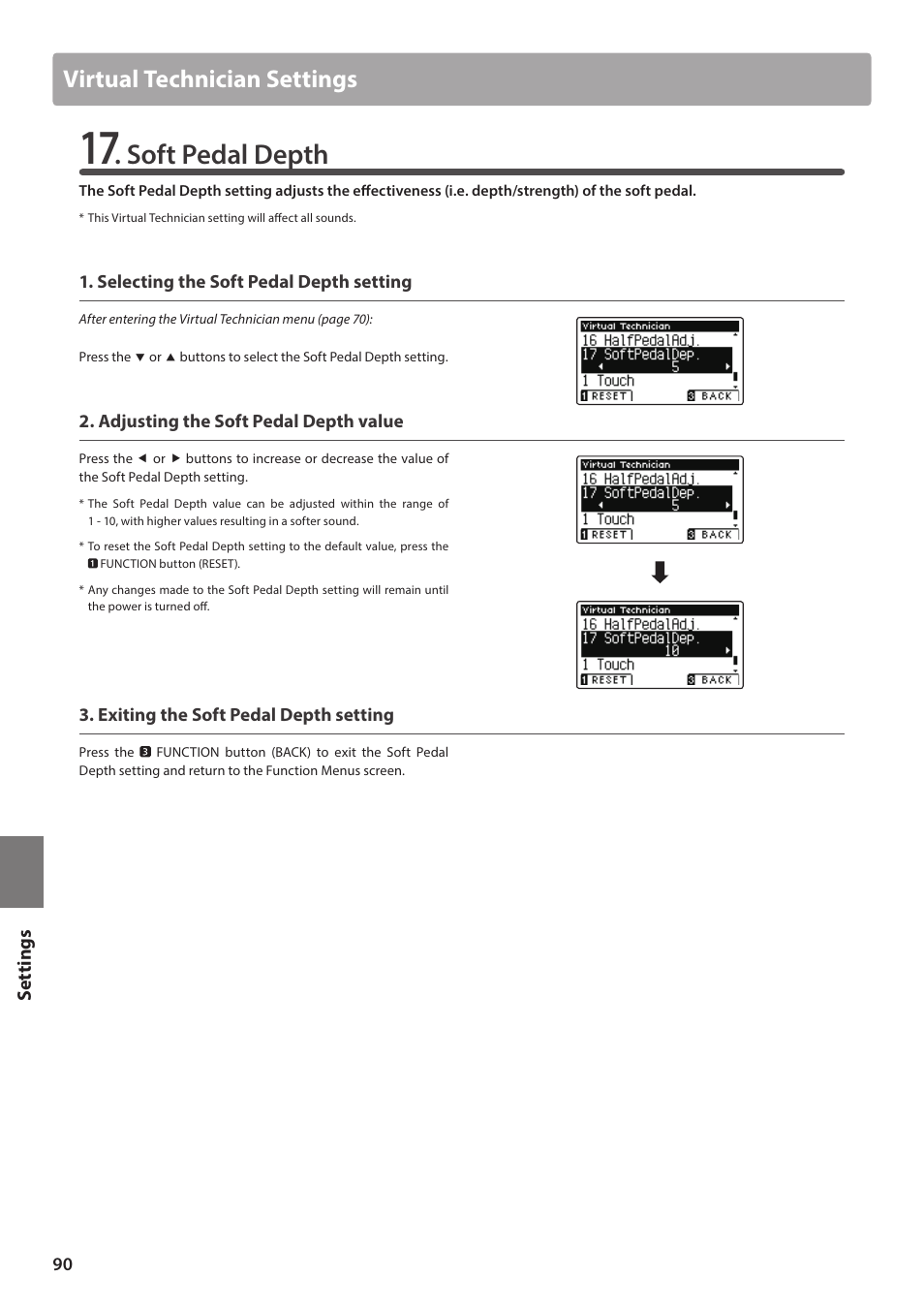 Soft pedal depth, Virtual technician settings | Kawai ATX2/ATX2-f User Manual | Page 90 / 120