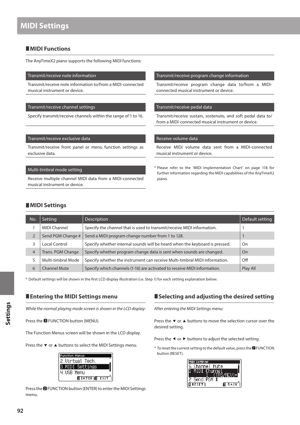 Midi settings, Set tings, Midi functions | Entering the midi settings menu, Selecting and adjusting the desired setting | Kawai ATX2/ATX2-f User Manual | Page 92 / 120