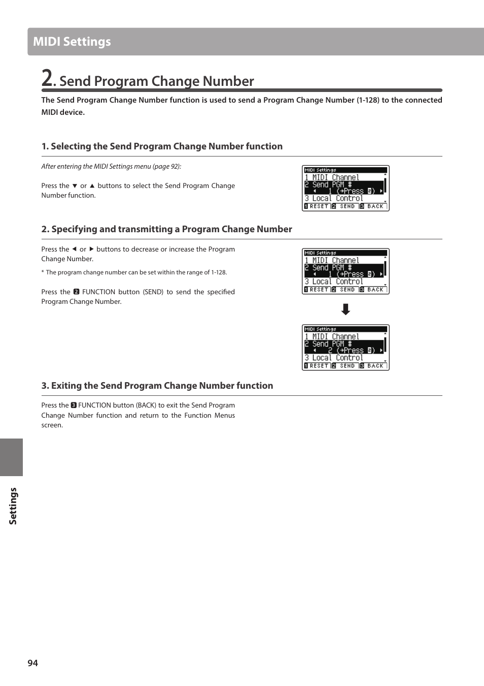 Send program change number, Midi settings | Kawai ATX2/ATX2-f User Manual | Page 94 / 120