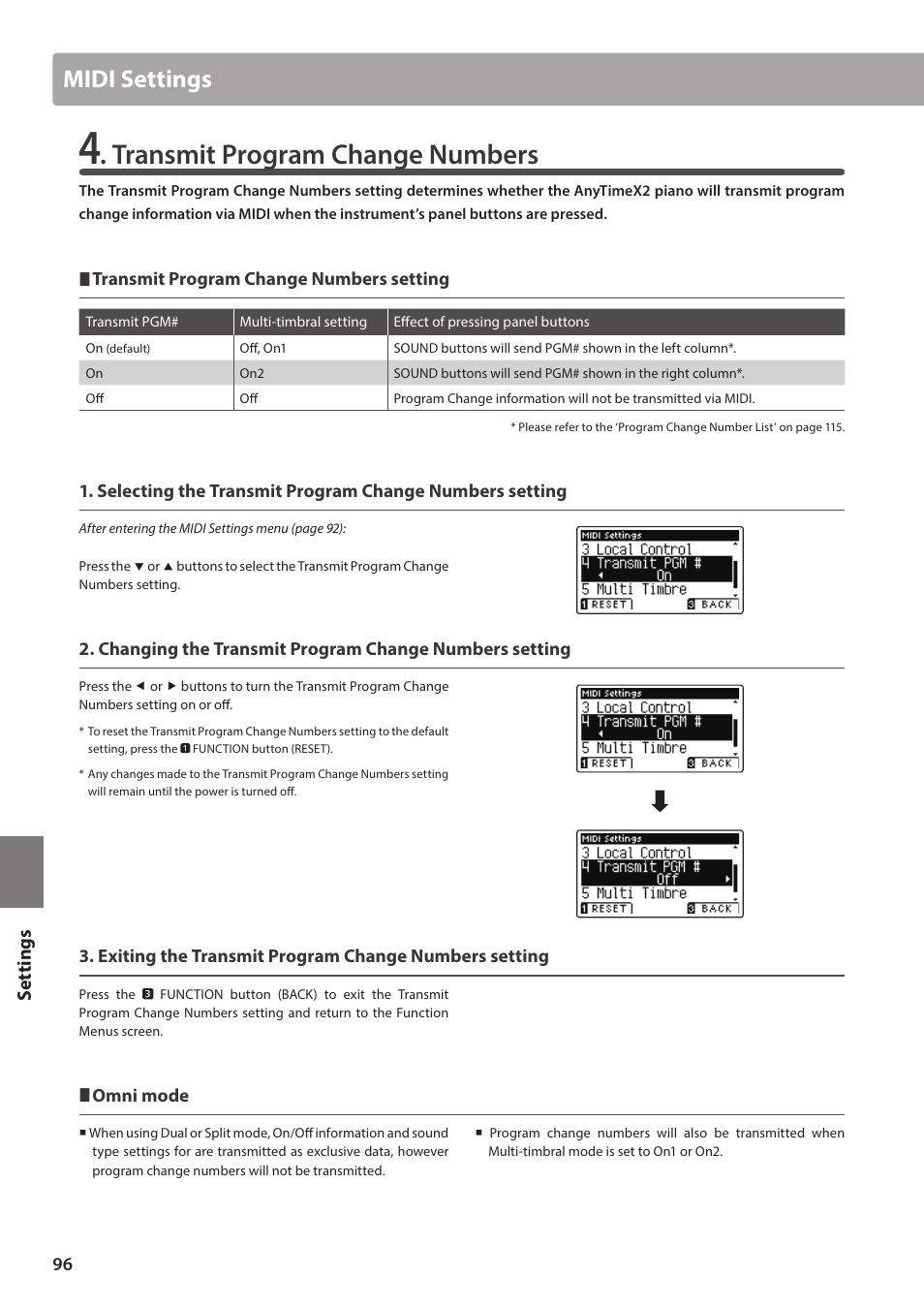 Transmit program change numbers, Midi settings, Set tings | Kawai ATX2/ATX2-f User Manual | Page 96 / 120