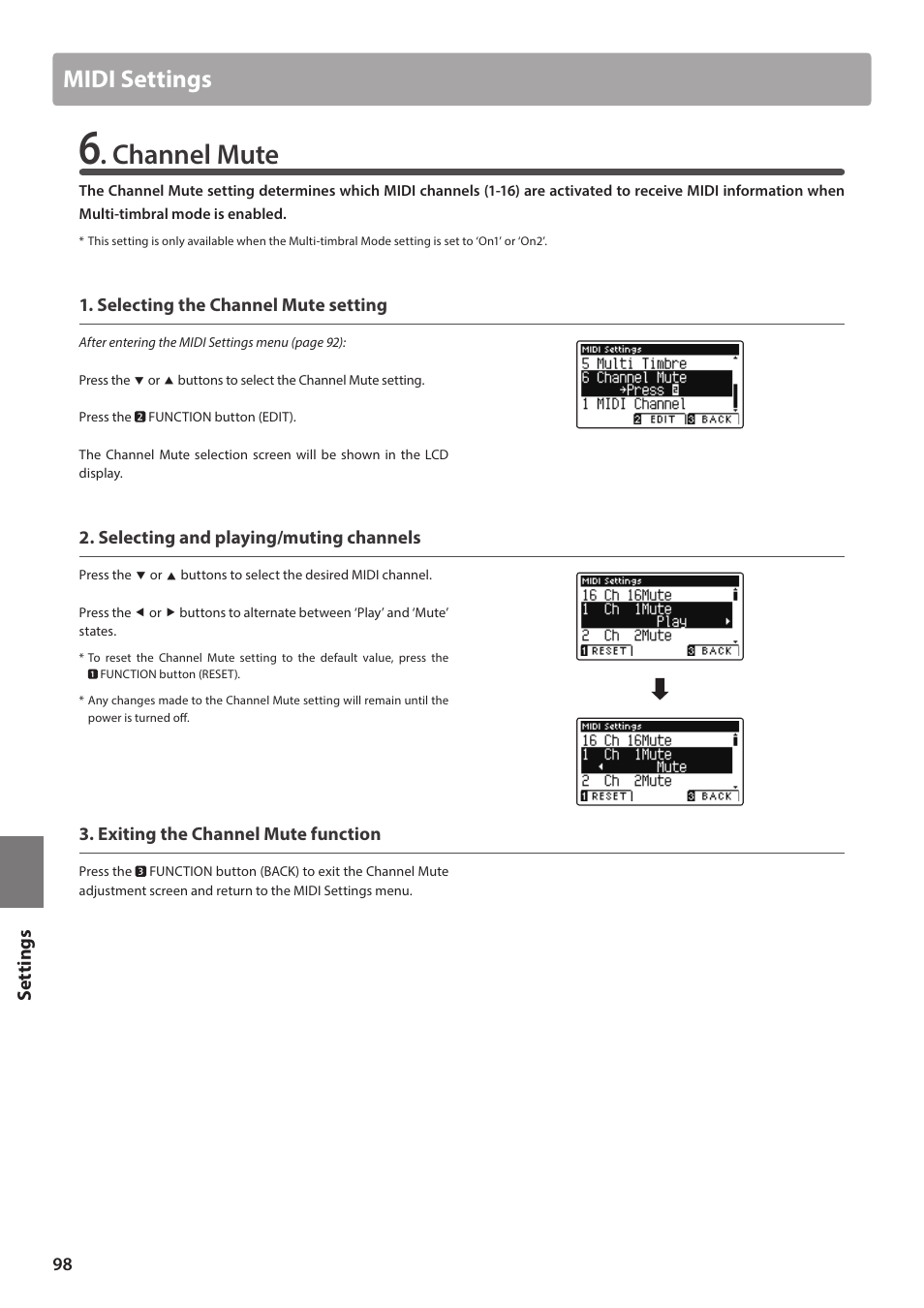 Channel mute, Midi settings | Kawai ATX2/ATX2-f User Manual | Page 98 / 120