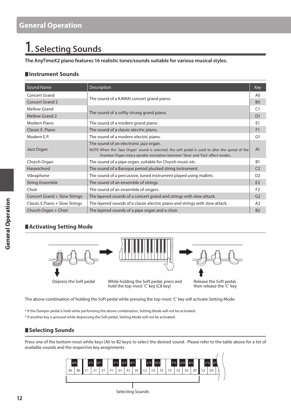 Selecting sounds, General operation, Ge ner a l oper a tion | Kawai ATX2-p User Manual | Page 12 / 28