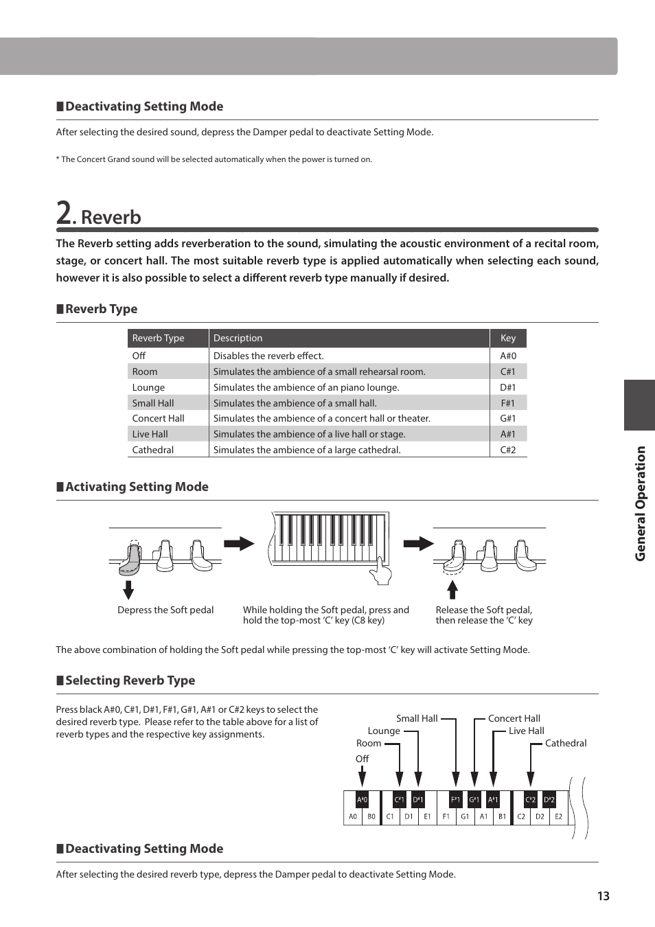 Reverb, Ge ner a l oper a tion | Kawai ATX2-p User Manual | Page 13 / 28