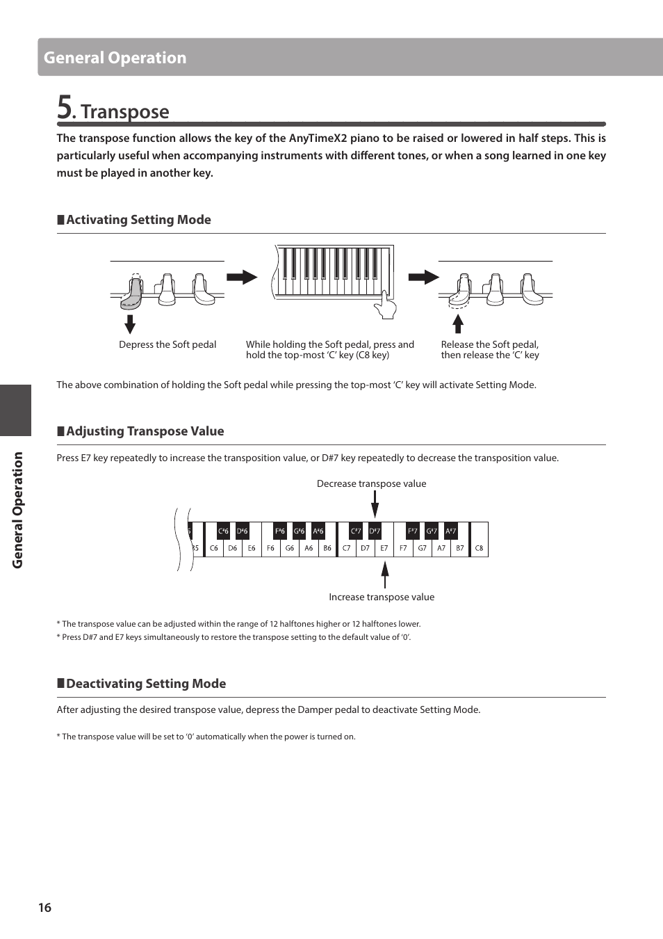 Transpose, General operation | Kawai ATX2-p User Manual | Page 16 / 28