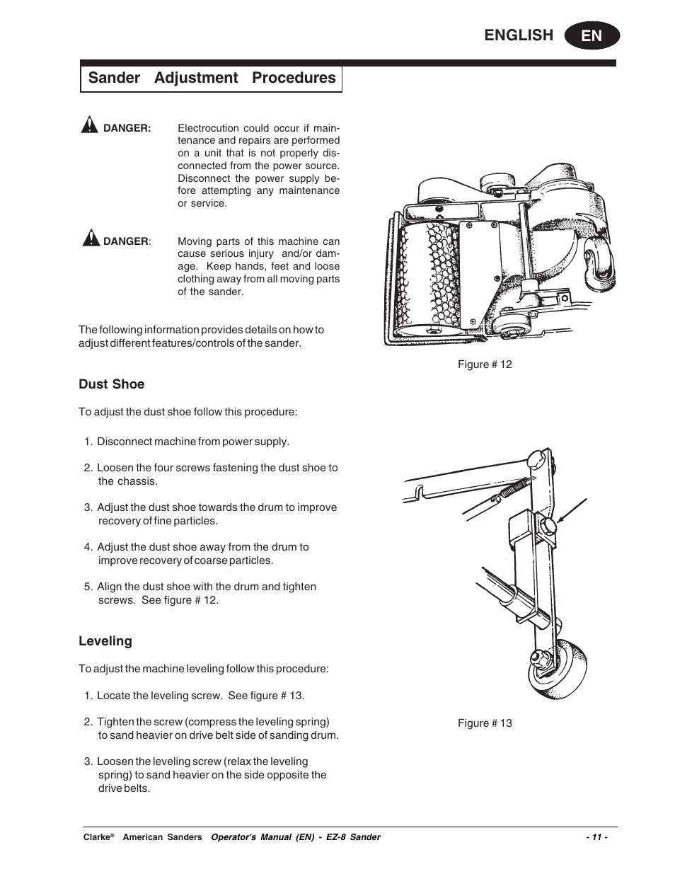 En english, Sander adjustment procedures | Clarke EZ-8 User Manual | Page 11 / 46
