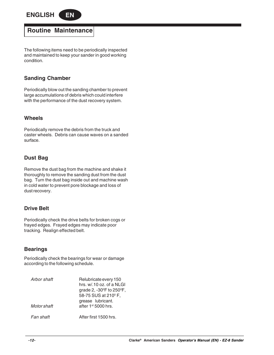 En english, Routine maintenance, Sanding chamber | Wheels, Dust bag, Drive belt, Bearings | Clarke EZ-8 User Manual | Page 12 / 46