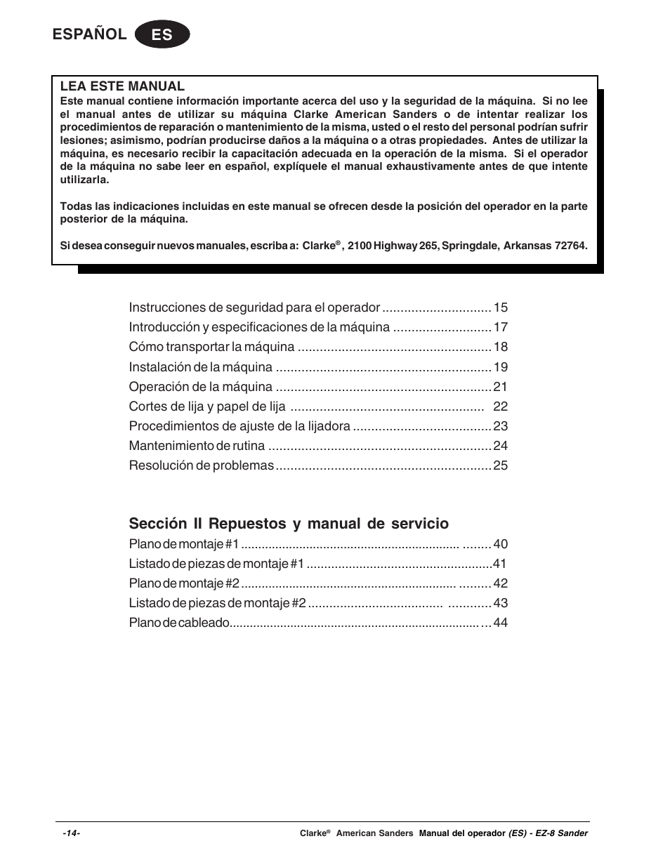 Es español, Sección ii repuestos y manual de servicio | Clarke EZ-8 User Manual | Page 14 / 46