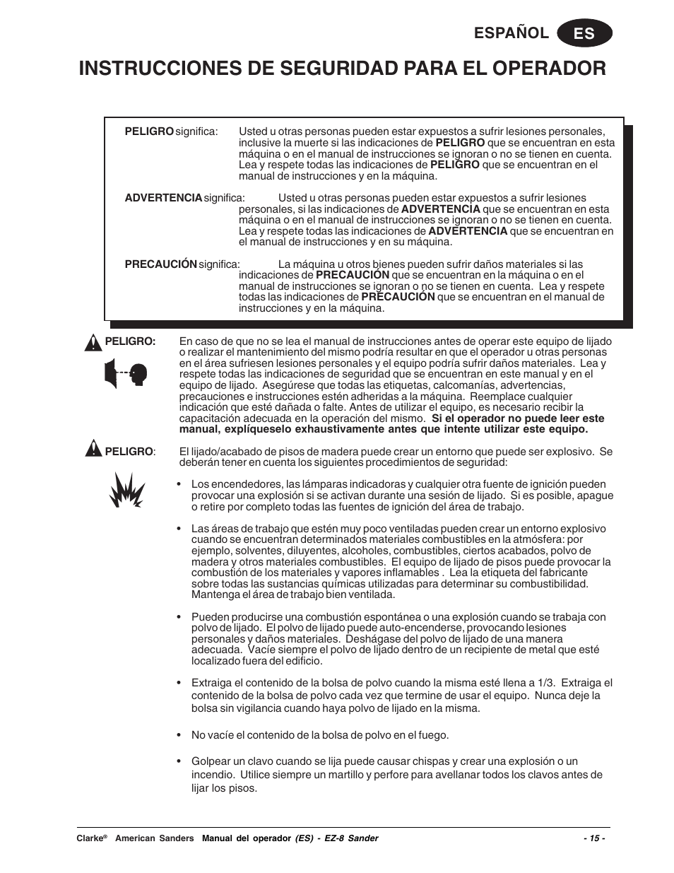 Instrucciones de seguridad para el operador, Es español | Clarke EZ-8 User Manual | Page 15 / 46