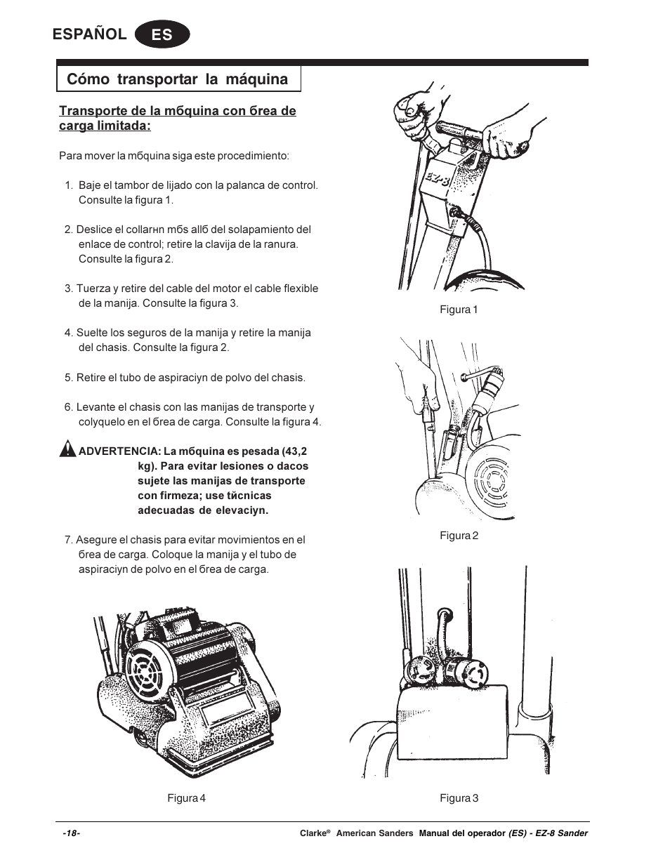 Es español cómo transportar la máquina | Clarke EZ-8 User Manual | Page 18 / 46