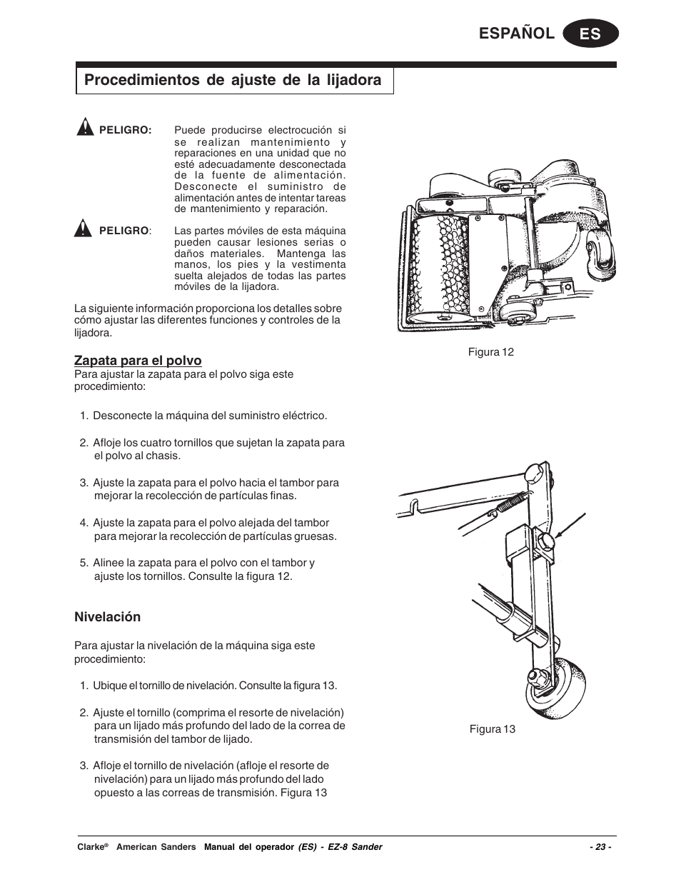 Es español procedimientos de ajuste de la lijadora | Clarke EZ-8 User Manual | Page 23 / 46